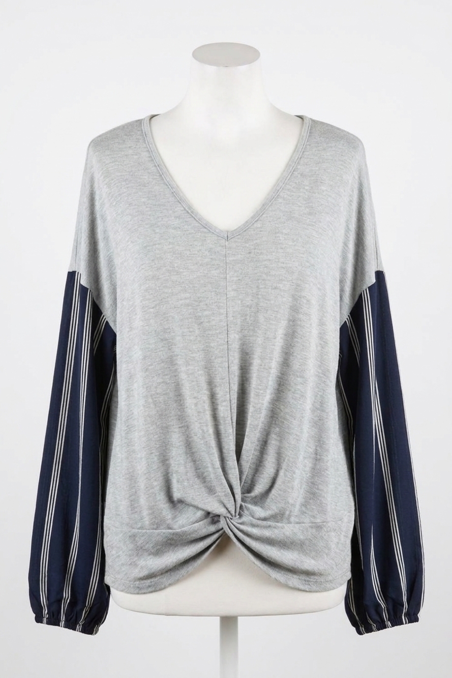 NEW PROMESA sunday funday stripe print sleeve top in grey/navy